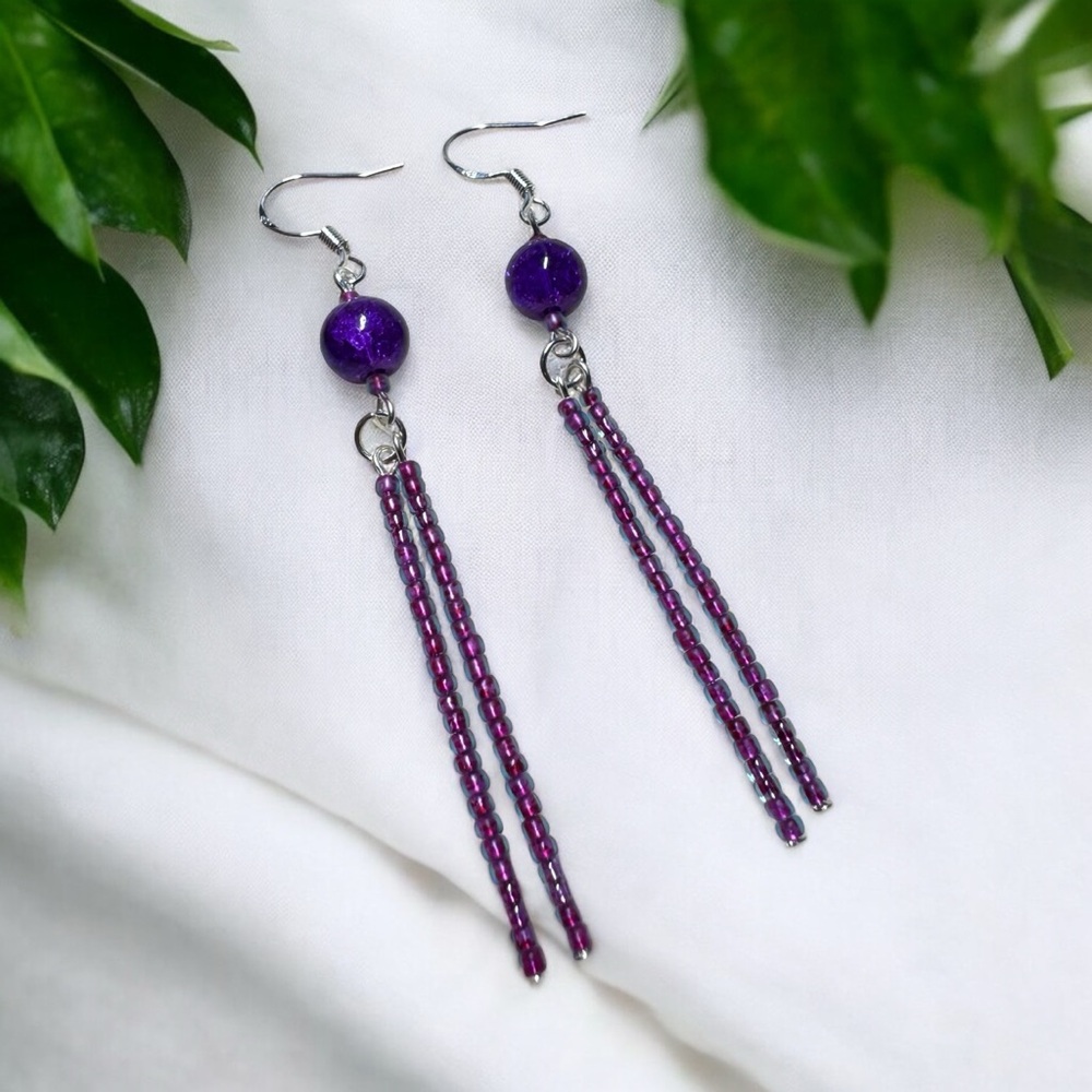 Purple Seed‎ Bead Crackle Glass Beaded Dangle Drop Stick Earrings 3.25” Long